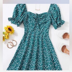 Puffy sleeved drawstring dark blue mini dress